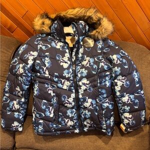Madden Girl Navy Floral Puffer Coat with Faux Fur Trim